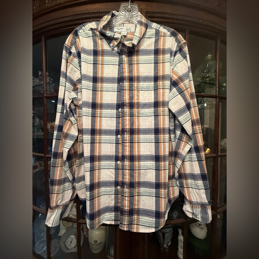 Old Navy Men's Casual Plaid Shirt - Blue and Orange